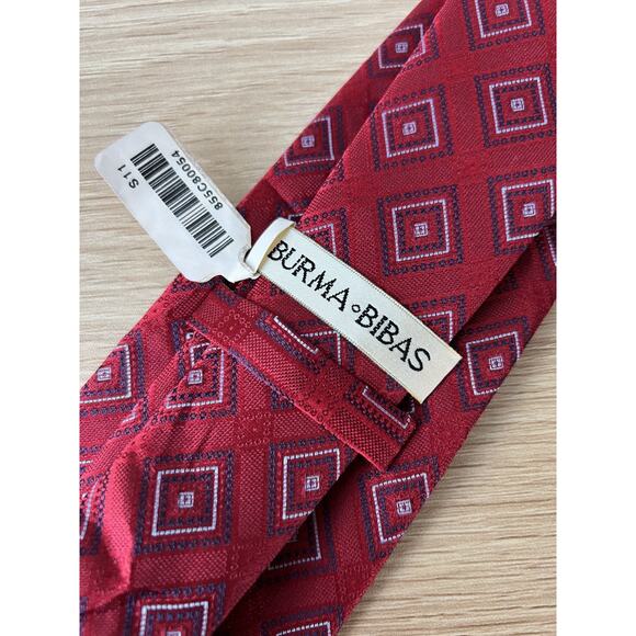 Burma Bibas Red with Blue and White Geometric Designer 100% Silk Tie - Picture 5 of 6